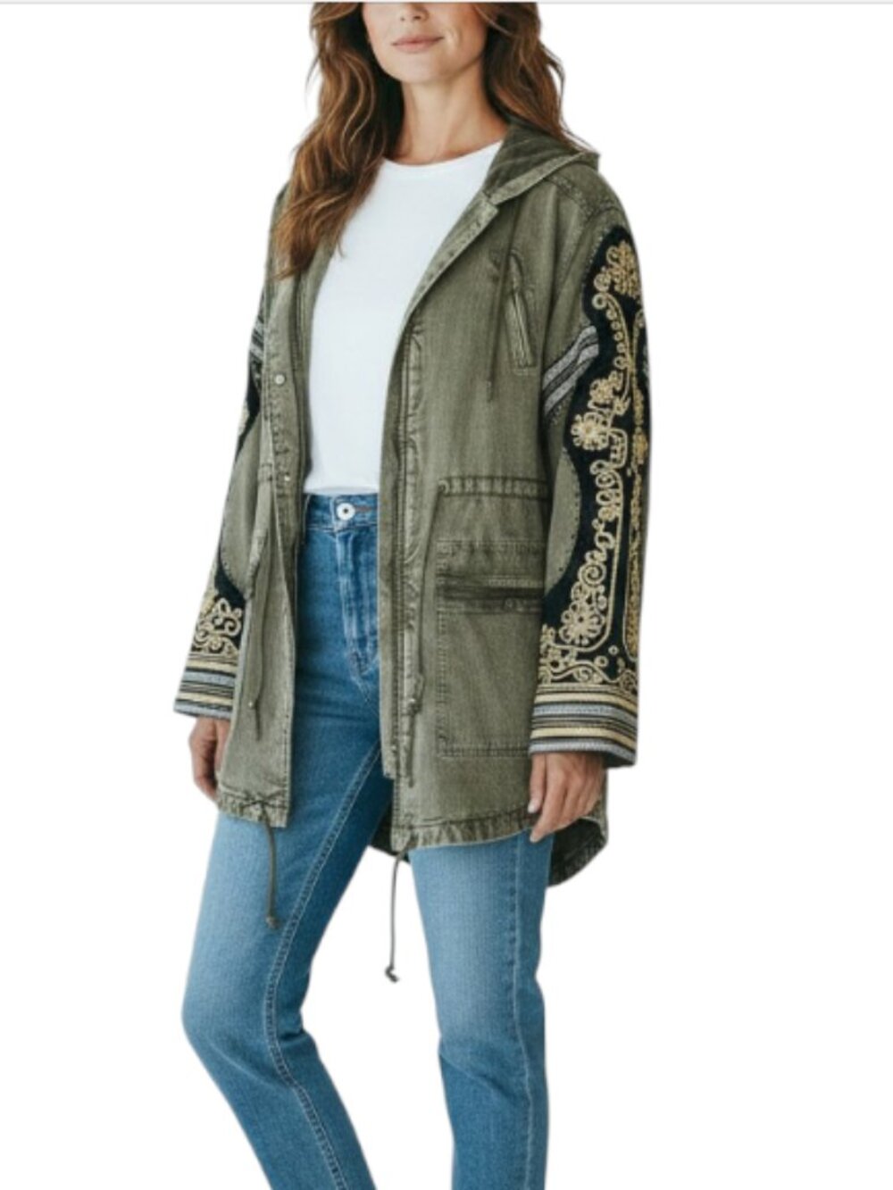FREE PEOPLE Golden Quills Embellished Military Hooded Parka Sz L Green Boho Rare